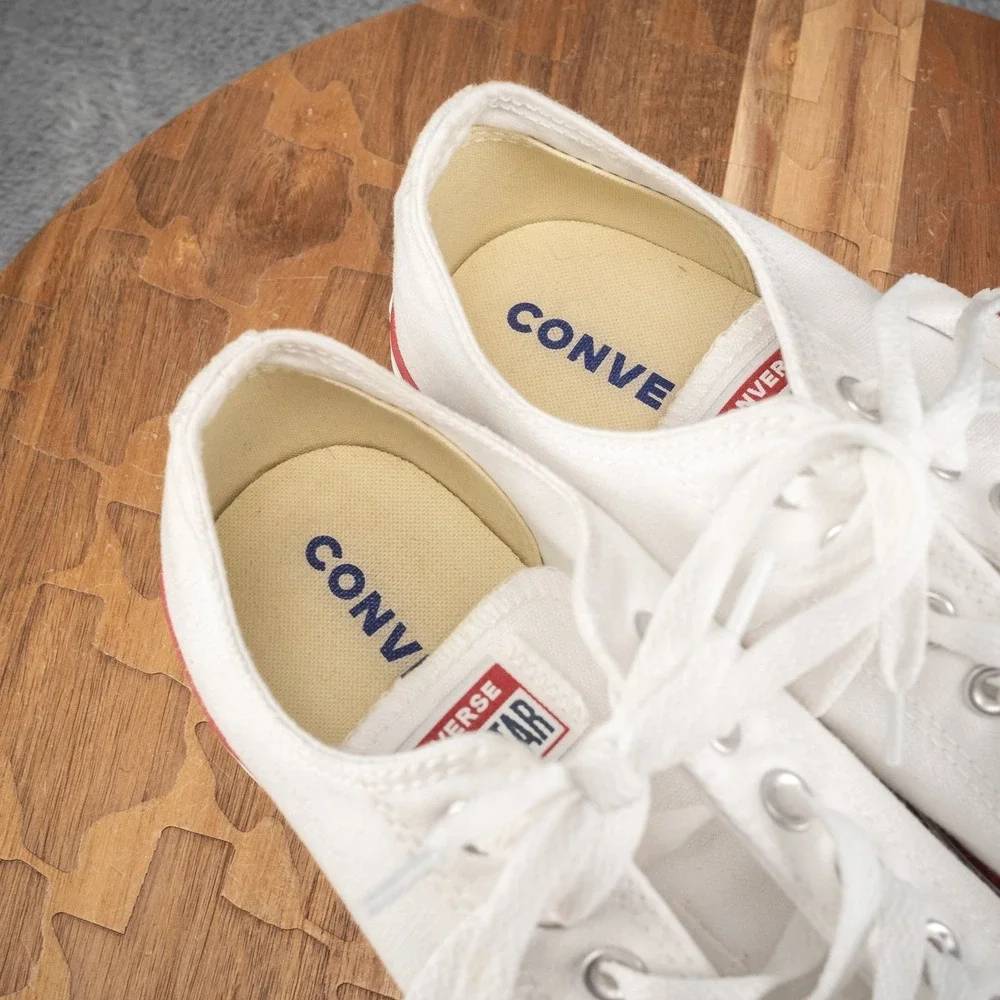Converse White Low Top Sneakers with Red & Navy Stripes - Picture 7 of 8